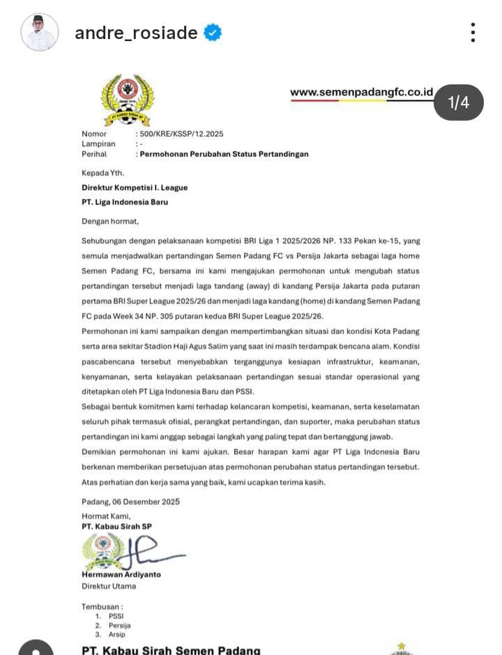 Surat Permohonan Perubahan Status Pertandingan (Foto: Instagram Andre Rosiade)